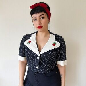 Vintage Polka‎ Dot Cropped Blazer Womens 10 Jacket Black White Collar Strawberry
